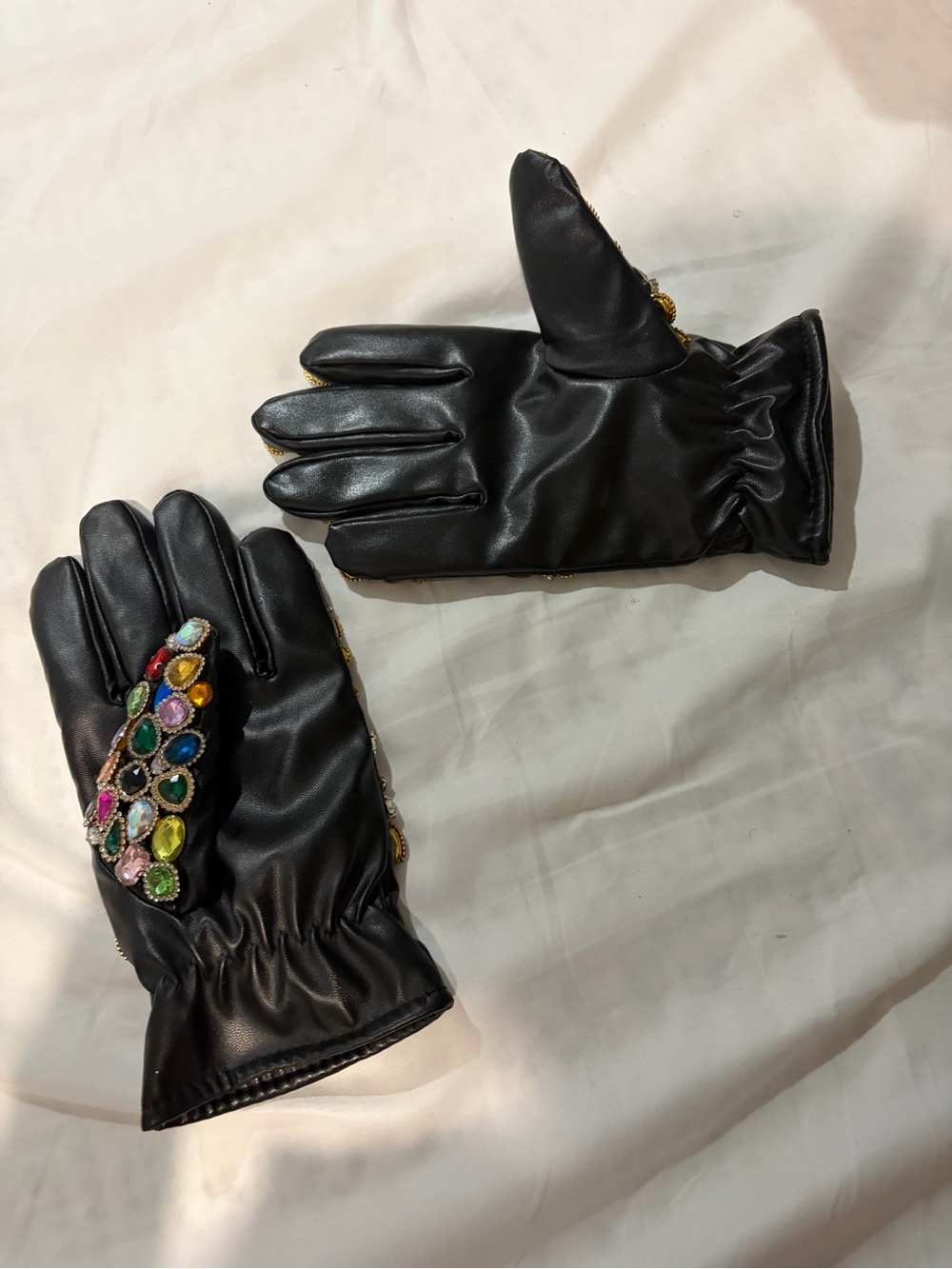 AKIRA Black Jeweled Leather Gloves with Multicolor Gems - Picture 2 of 7